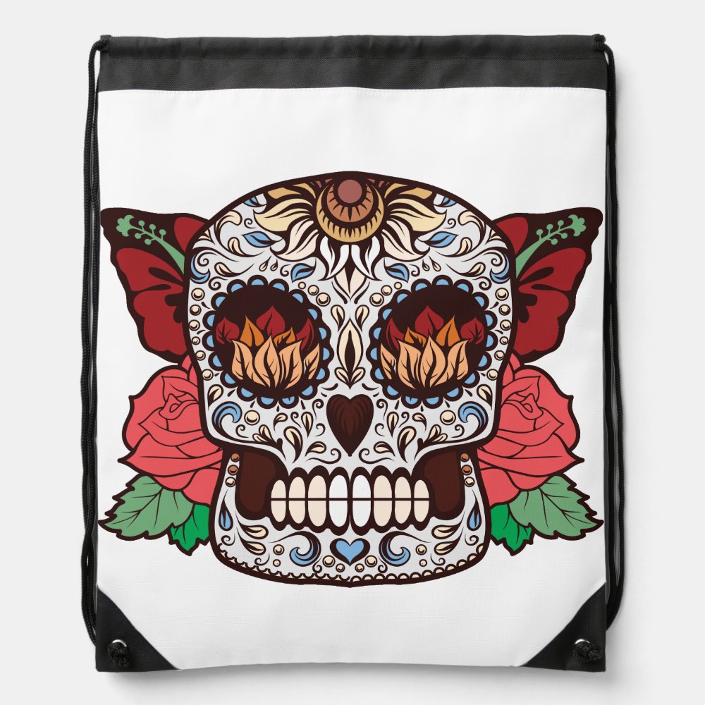 brown white tattoo sugar skull pink roses drawstring bag - Tattoo Gifts
