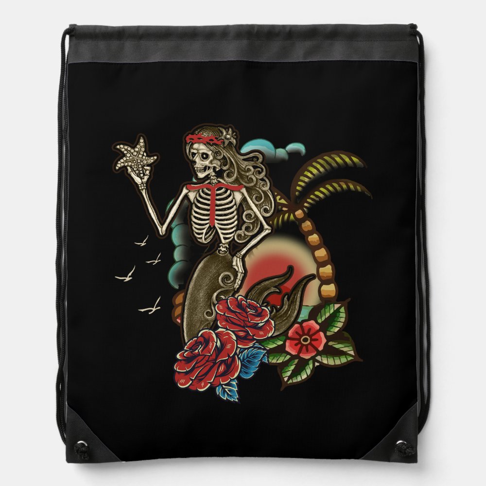 mermaid skeleton traditional tattoo old school hal drawstring bag - Tattoo Gifts